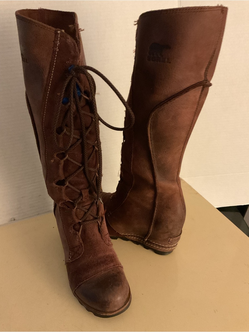 Sorel Women Brown distressed leather Cate the Great tall waterproof wedge boots